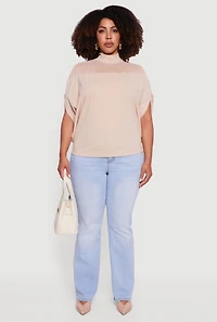 Womens Plus Mock Neck Mesh Detail Batwing Sleeve Blouse, Beige,