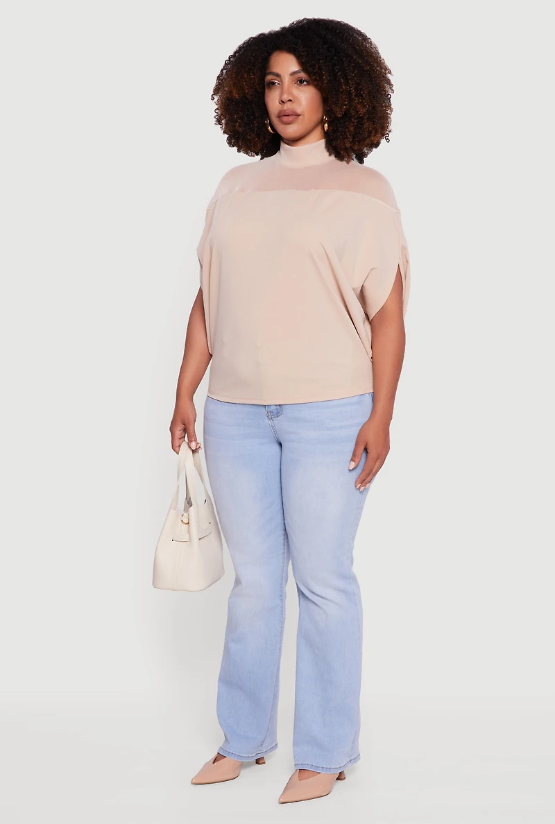 Womens Plus Mock Neck Mesh Detail Batwing Sleeve Blouse, Beige,