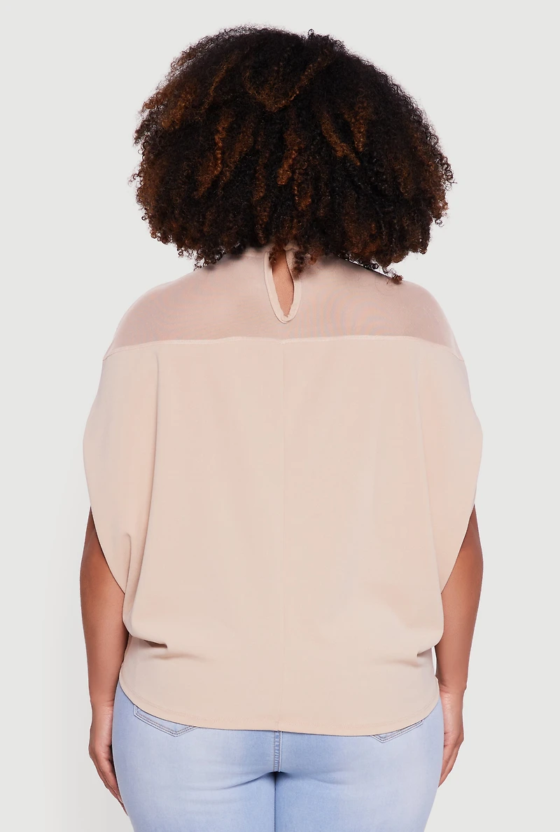 Womens Plus Mock Neck Mesh Detail Batwing Sleeve Blouse, Beige,
