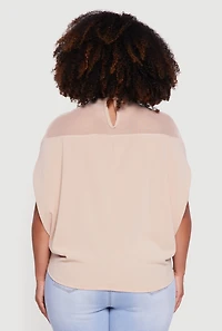 Womens Plus Mock Neck Mesh Detail Batwing Sleeve Blouse, Beige,