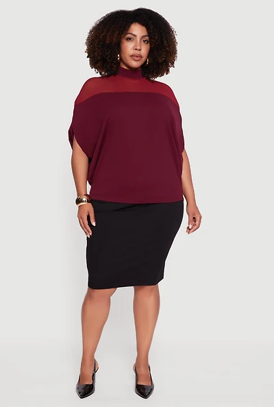 Womens Plus Size Mock Neck Mesh Detail Batwing Sleeve Blouse, Burgundy, Size 2X