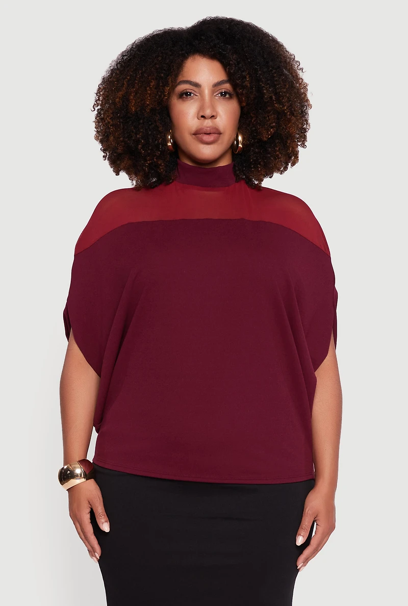 Womens Plus Size Mock Neck Mesh Detail Batwing Sleeve Blouse, Burgundy, Size 2X
