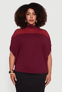 Womens Plus Size Mock Neck Mesh Detail Batwing Sleeve Blouse, Burgundy, Size 2X