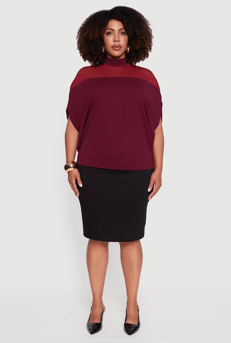 Womens Plus Size Mock Neck Mesh Detail Batwing Sleeve Blouse, Burgundy, Size 2X