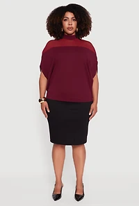 Womens Plus Size Mock Neck Mesh Detail Batwing Sleeve Blouse, Burgundy, Size 2X