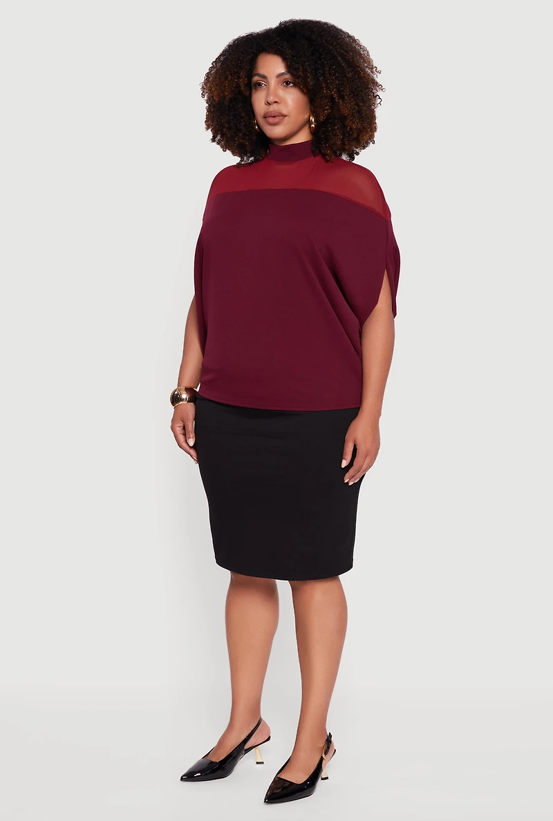 Womens Plus Size Mock Neck Mesh Detail Batwing Sleeve Blouse, Burgundy, Size 2X