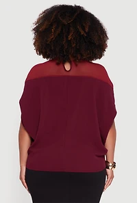 Womens Plus Size Mock Neck Mesh Detail Batwing Sleeve Blouse, Burgundy, Size 2X