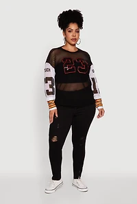 Womens Plus Size 23 Sequin Fishnet Graphic Print Long Sleeve Top, Black, Size 2X