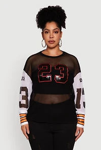 Womens Plus Size 23 Sequin Fishnet Graphic Print Long Sleeve Top, Black, Size 2X