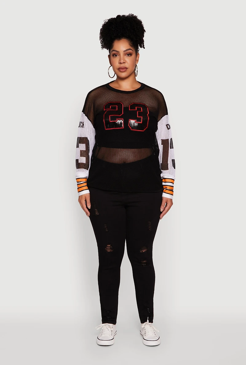 Womens Plus Size 23 Sequin Fishnet Graphic Print Long Sleeve Top, Black, Size 2X