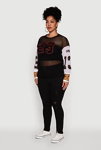 Womens Plus 23 Sequin Fishnet Graphic Print Long Sleeve Top, 1X