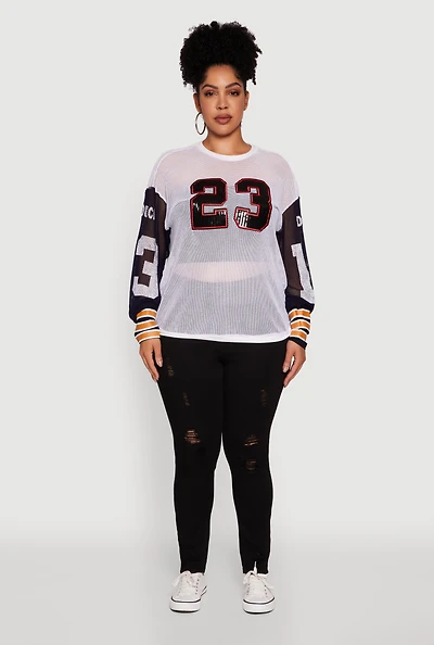 Womens Plus Size 23 Sequin Fishnet Graphic Print Long Sleeve Top, White, Size 1X