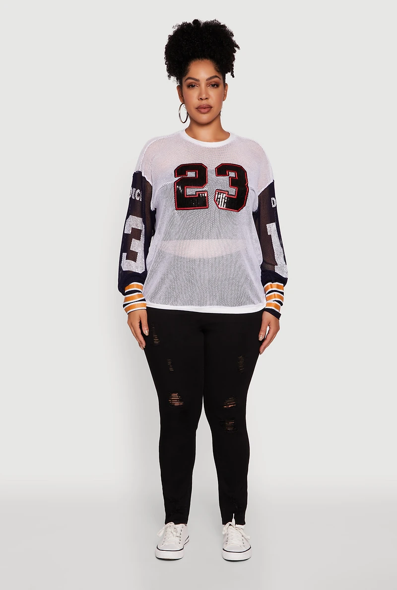 Womens Plus Size 23 Sequin Fishnet Graphic Print Long Sleeve Top, White, Size 3X