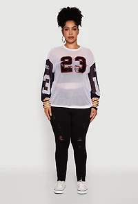 Womens Plus Size 23 Sequin Fishnet Graphic Print Long Sleeve Top, White, Size 3X