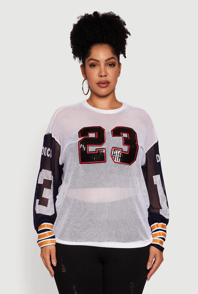 Womens Plus Size 23 Sequin Fishnet Graphic Print Long Sleeve Top, White, Size 3X