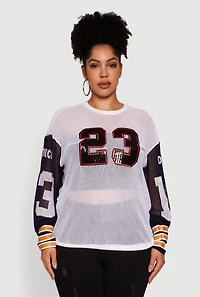 Womens Plus Size 23 Sequin Fishnet Graphic Print Long Sleeve Top, White, Size 2X