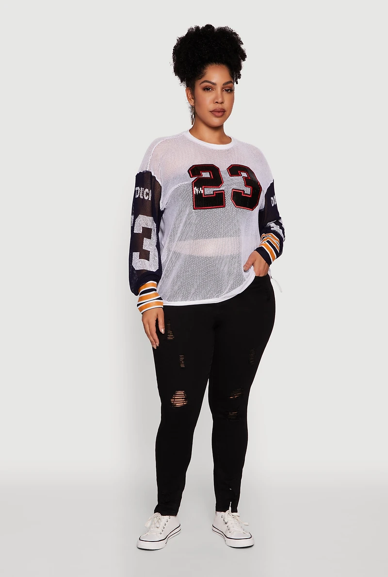 Womens Plus Size 23 Sequin Fishnet Graphic Print Long Sleeve Top, White, Size 3X