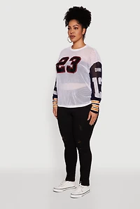 Womens Plus Size 23 Sequin Fishnet Graphic Print Long Sleeve Top, White, Size 3X