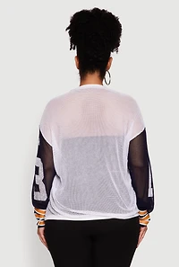 Womens Plus Size 23 Sequin Fishnet Graphic Print Long Sleeve Top, White, Size 3X
