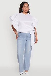 Womens Plus Size Flutter Sleeve Blouse with Tie Waist Belt, White, Size 1X