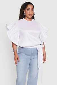 Womens Plus Size Flutter Sleeve Blouse with Tie Waist Belt, White, Size 1X