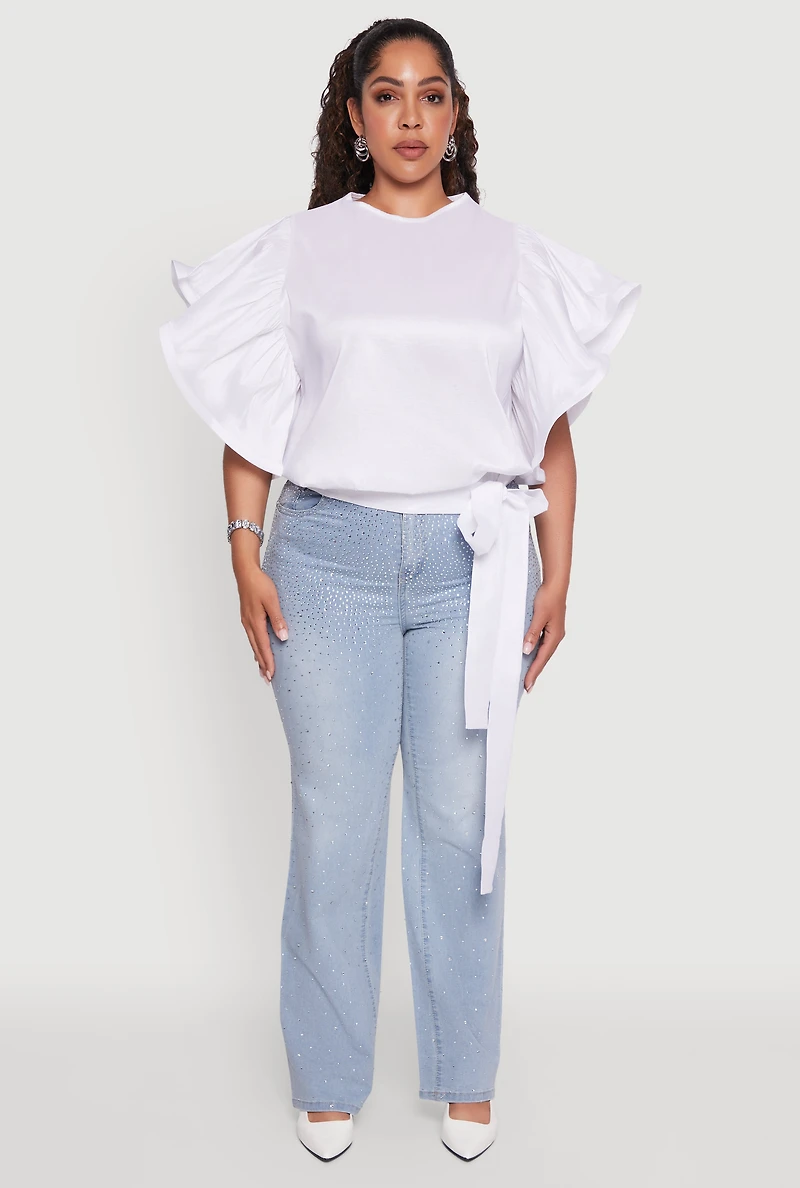 Womens Plus Size Flutter Sleeve Blouse with Tie Waist Belt, White, Size 1X