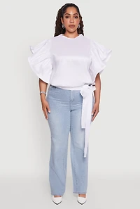 Womens Plus Size Flutter Sleeve Blouse with Tie Waist Belt, White, Size 1X