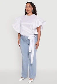 Womens Plus Size Flutter Sleeve Blouse with Tie Waist Belt, White, Size 1X