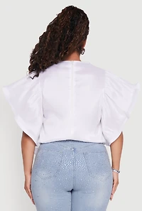 Womens Plus Size Flutter Sleeve Blouse with Tie Waist Belt, White, Size 1X