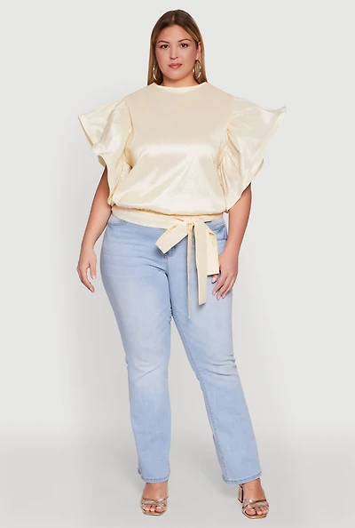 Womens Plus Flutter Sleeve Blouse with Tie Waist Belt,