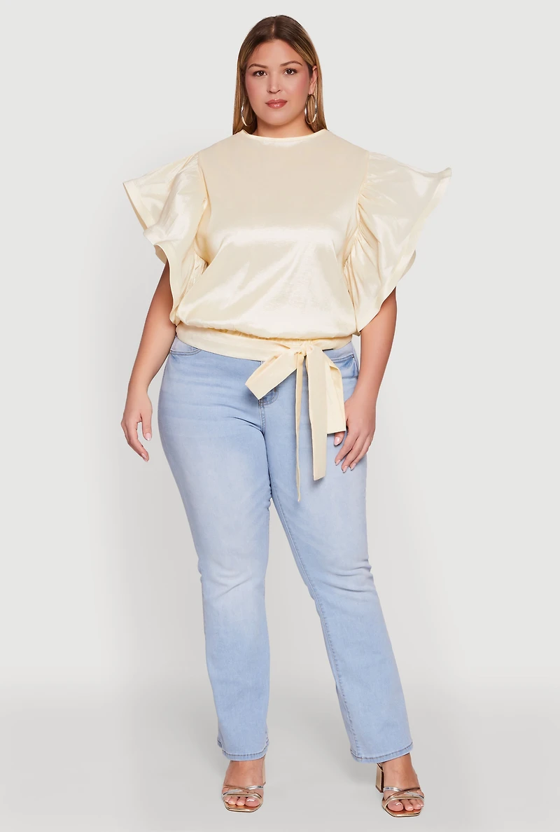 Womens Plus Size Flutter Sleeve Blouse with Tie Waist Belt, Beige, Size 3X