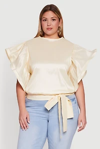 Womens Plus Size Flutter Sleeve Blouse with Tie Waist Belt, Beige, Size 3X