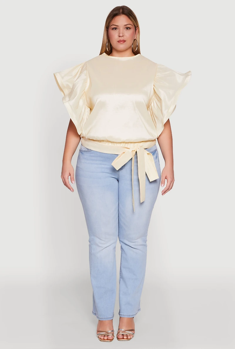 Womens Plus Size Flutter Sleeve Blouse with Tie Waist Belt, Beige, Size 3X