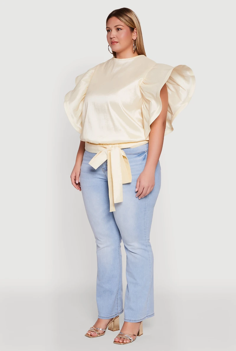 Womens Plus Size Flutter Sleeve Blouse with Tie Waist Belt, Beige, Size 3X