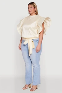 Womens Plus Size Flutter Sleeve Blouse with Tie Waist Belt, Beige, Size 3X