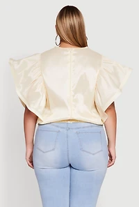 Womens Plus Size Flutter Sleeve Blouse with Tie Waist Belt, Beige, Size 3X