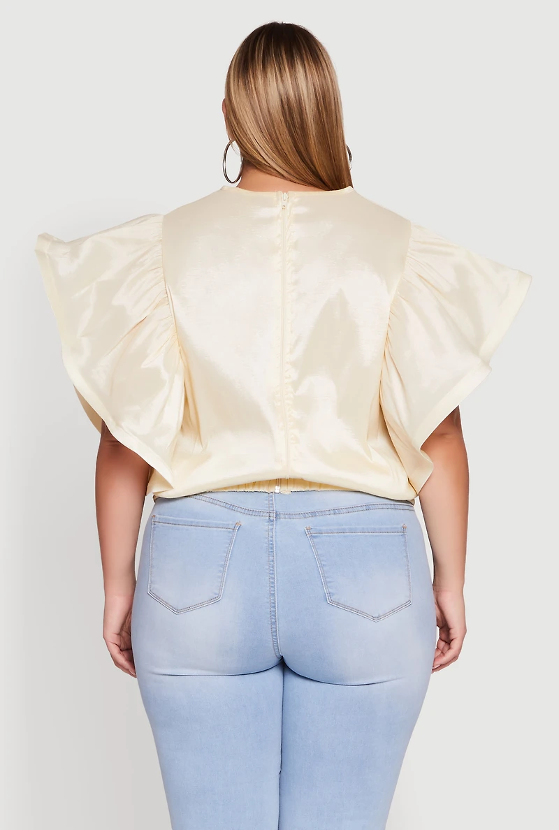 Womens Plus Flutter Sleeve Blouse with Tie Waist Belt,
