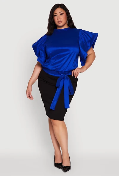 Womens Plus Size Flutter Sleeve Blouse with Tie Waist Belt, Blue, Size 2X