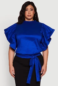 Womens Plus Size Flutter Sleeve Blouse with Tie Waist Belt, Blue, Size 2X
