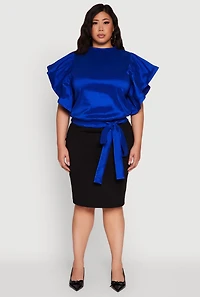 Womens Plus Size Flutter Sleeve Blouse with Tie Waist Belt, Blue, Size 2X