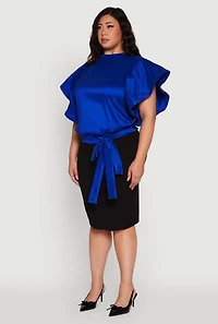 Womens Plus Flutter Sleeve Blouse with Tie Waist Belt, Blue,