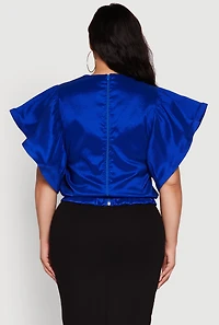 Womens Plus Size Flutter Sleeve Blouse with Tie Waist Belt, Blue, Size 2X