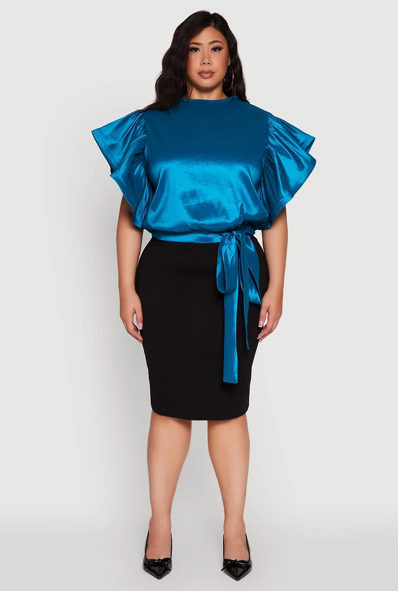 Womens Plus Flutter Sleeve Blouse with Tie Waist Belt, Blue,
