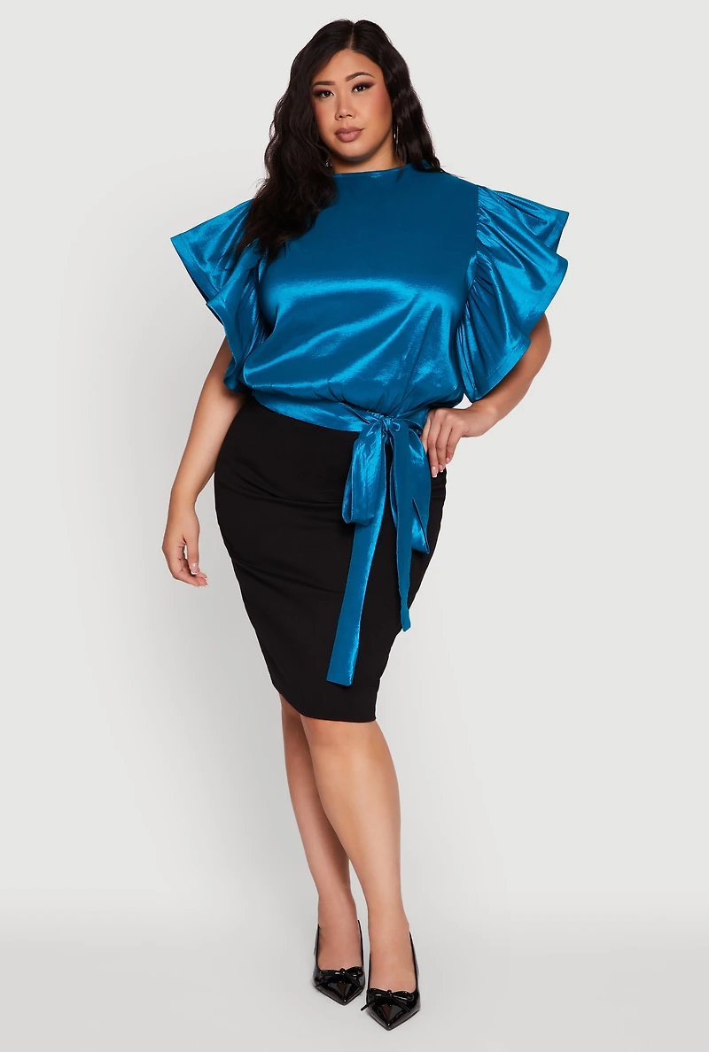 Womens Plus Flutter Sleeve Blouse with Tie Waist Belt, Blue,