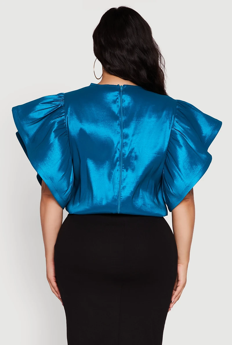 Womens Plus Flutter Sleeve Blouse with Tie Waist Belt, Blue,
