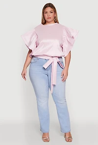 Womens Plus Flutter Sleeve Blouse with Tie Waist Belt, Pink,