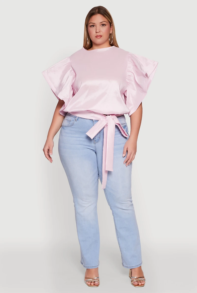 Plus Flutter Sleeve Blouse with Tie Waist Belt
