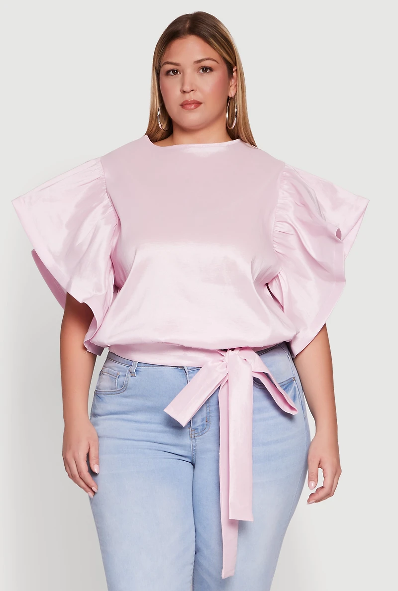 Womens Plus Flutter Sleeve Blouse with Tie Waist Belt, Pink,