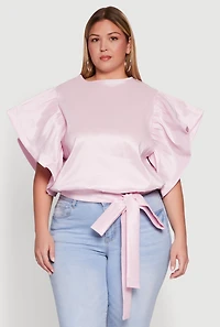 Womens Plus Flutter Sleeve Blouse with Tie Waist Belt, Pink,