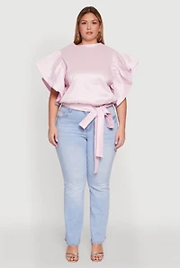 Womens Plus Flutter Sleeve Blouse with Tie Waist Belt, Pink,